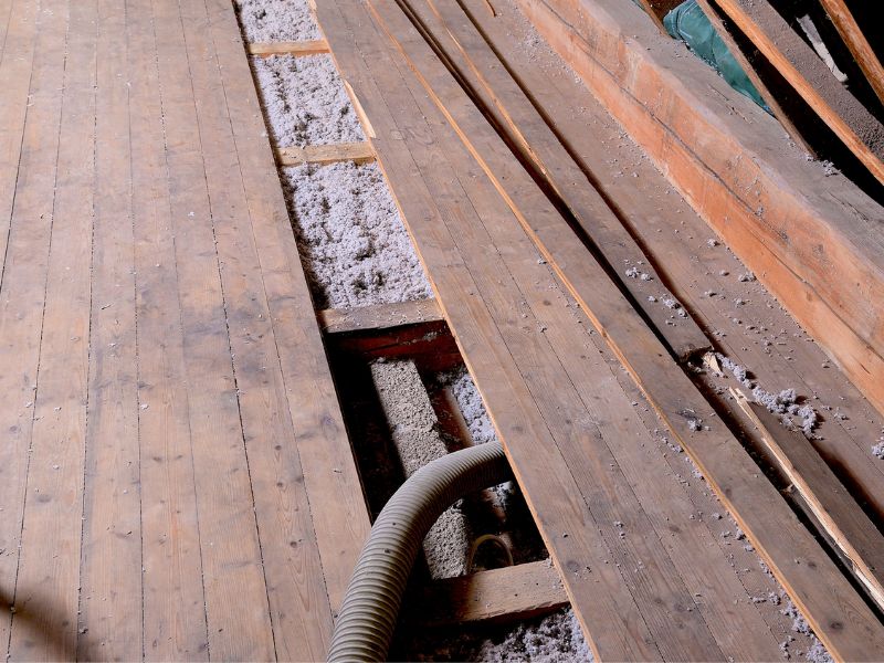 Dachdämmung mit Zellulose-Flocken. Durch Einblasen in den Fußboden wird die obere Geschossdecke gedämmt