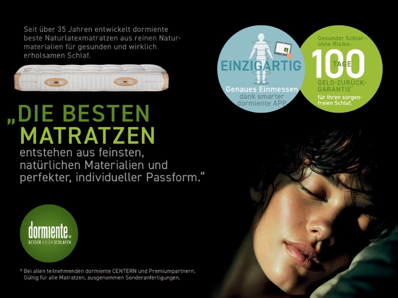 dormiente ist so überzeugt von ihren Naturlatex-Matratzen, dass Sie Ihr Geld zurück bekommen, wenn Sie nicht zufrieden sind - bis zu 100 Tage nach dem Kauf
