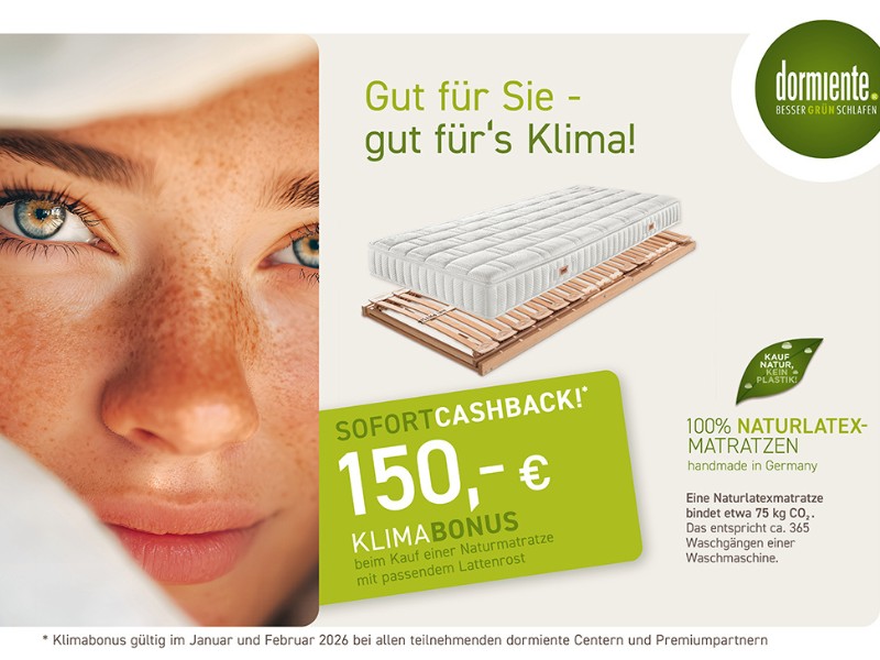 dormiente-Klimabonus-Aktion mit Cashback beim Kauf von Naturlatex-Matratze und Unterfederung 